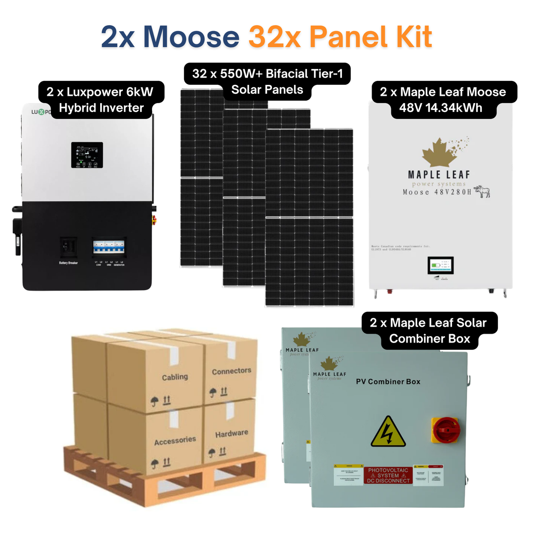 Luxpower LXP6K (SNA-US 6000) Kit – 550W+ Tier-1 Class Bifacial Solar Panel | 48V 14.34kWh Moose Battery | Solar Power Kits for Home, Cabin & Off-Grid