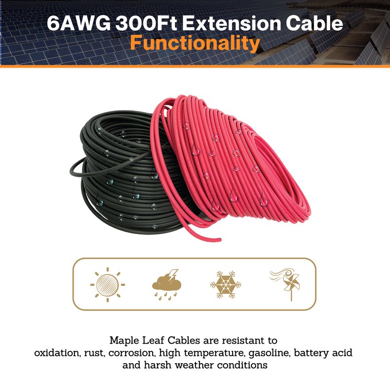 Maple Leaf 6AWG 200Ft, 300Ft Solar Extension Cable - Tinned Copper Wire | From RVs To Automotives | For Both Indoor & Outdoor | CSA Certified