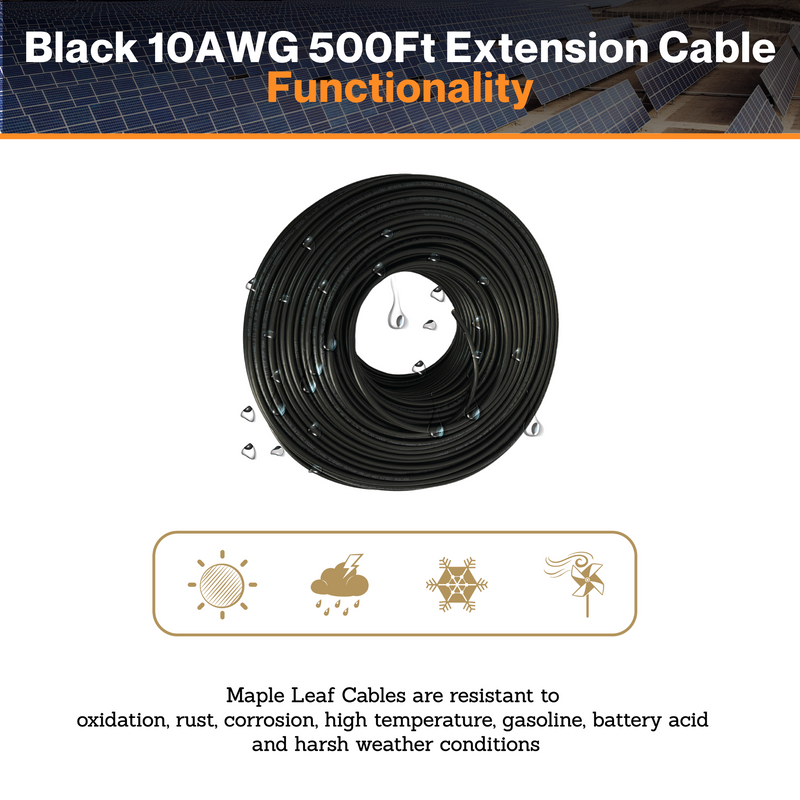 Maple Leaf Black 10AWG 500Ft Solar Extension Cable - Tinned Copper Wire | From RVs To Automotives | For Both Indoor & Outdoor | CSA Certified