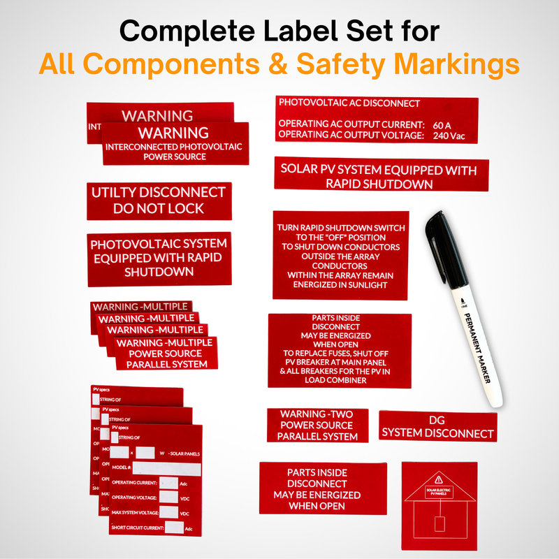 Solar System Lamacoid Label Kit | 28 Piece Label Kit | Solar Component Labels, Specification Labels, Safety Labels for All Solar System Types