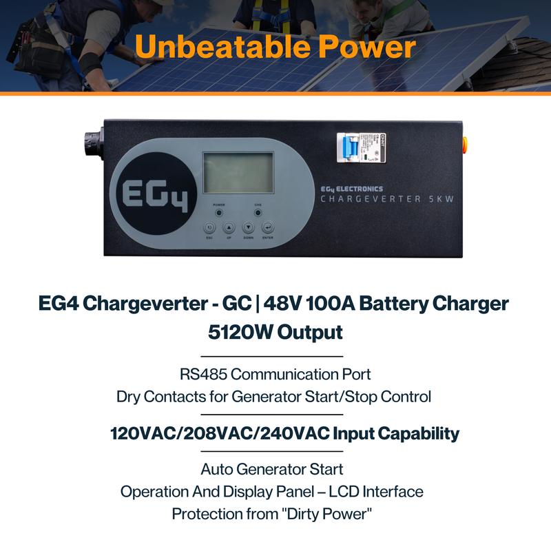 EG4® Chargeverter - GC | 48V100A Battery Charger | 5120W Output | 240/120V Input | Weather Resilience | Built-In Breaker | LCD Interface | IP21 Rating