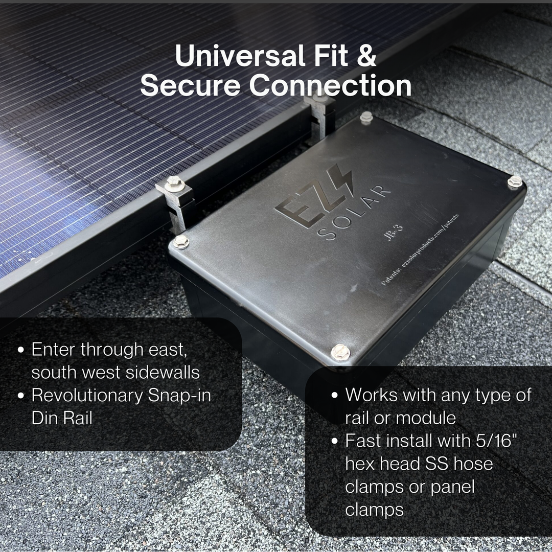 EZ Solar JB-3 Universal Rail/Panel Mount Solar Power Junction Box Kit | Water Resistant Rooftop Solar Junction Box for Rail-Mount Systems