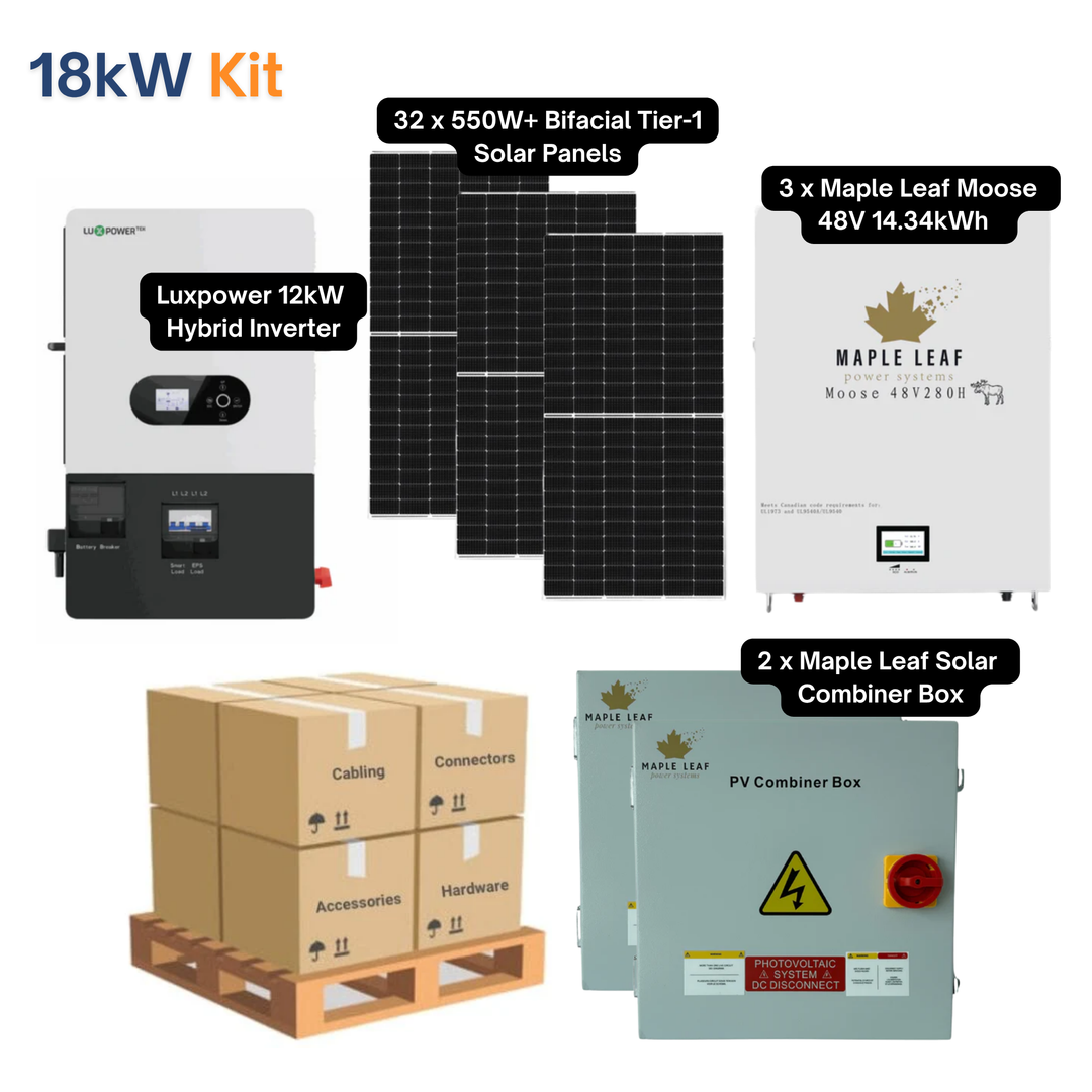 Luxpower SNA-US-12K Kit – 550W+ Tier-1 Class Bifacial Solar Panel | 48V 14.34kWh Moose Battery | Solar Power Kits for Home, Cabin & Off-Grid