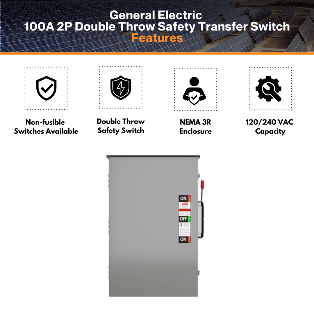 General Electric 200A 2P Double Throw Safety Transfer Switch - TC10324R | 120/240 Volt | Non-Fusible Design | NEMA 3R Enclosure | cUL & UL Approved