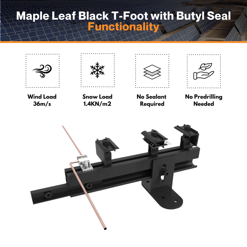 Maple Leaf Black T-Foot With Butyl Seal - SUS304 Material | Peel-And-Place Installation | No Sealant & Predrilling Required