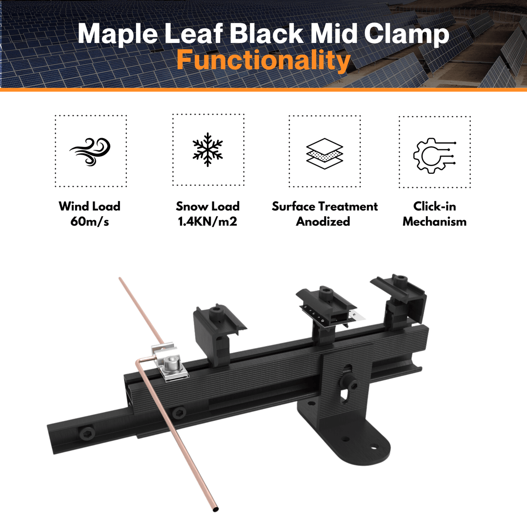 Maple Leaf Black Mid Clamp - Anodized Aluminum 6005-T5 | Click-in Mechanism | AS/NZS 1170 Certified