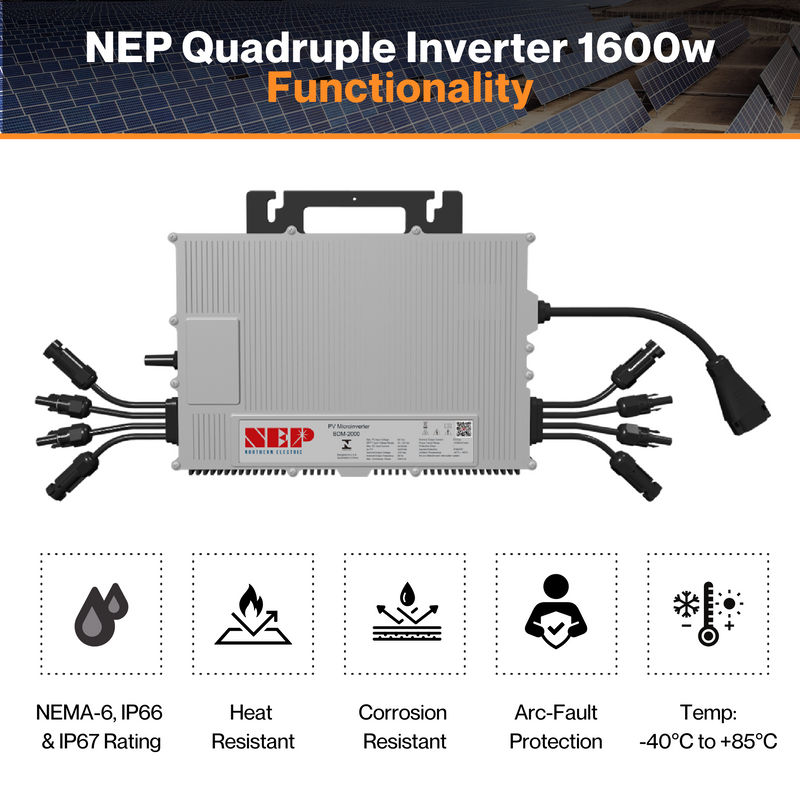 NEP Quadruple Inverter 1600W - Arc-Fault Protection | 97.3% High Efficiency | NEMA-6  IP66 & IP67 Rating | -40°C To +85°C | UL1741 & IEEE1547 Certified