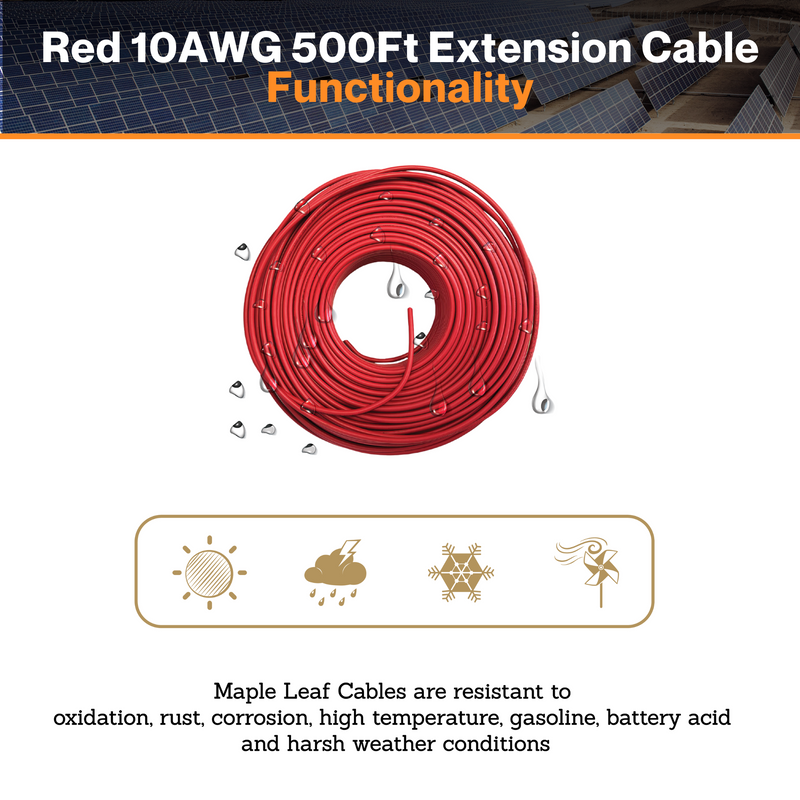 Maple Leaf Red 10AWG 500Ft Solar Extension Cable - Tinned Copper Wire | From RVs To Automotives | For Both Indoor & Outdoor | CSA Certified