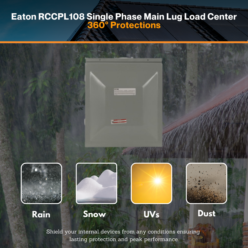 Eaton RCCPL108 Single Phase Main Lug Load Center (8/16 CCT) - Non-Combination 125 A, 1 PH, 120/240 VAC | CPL Plug-in | NEMA 3R Rated Enclosure | UL & CSA Listed