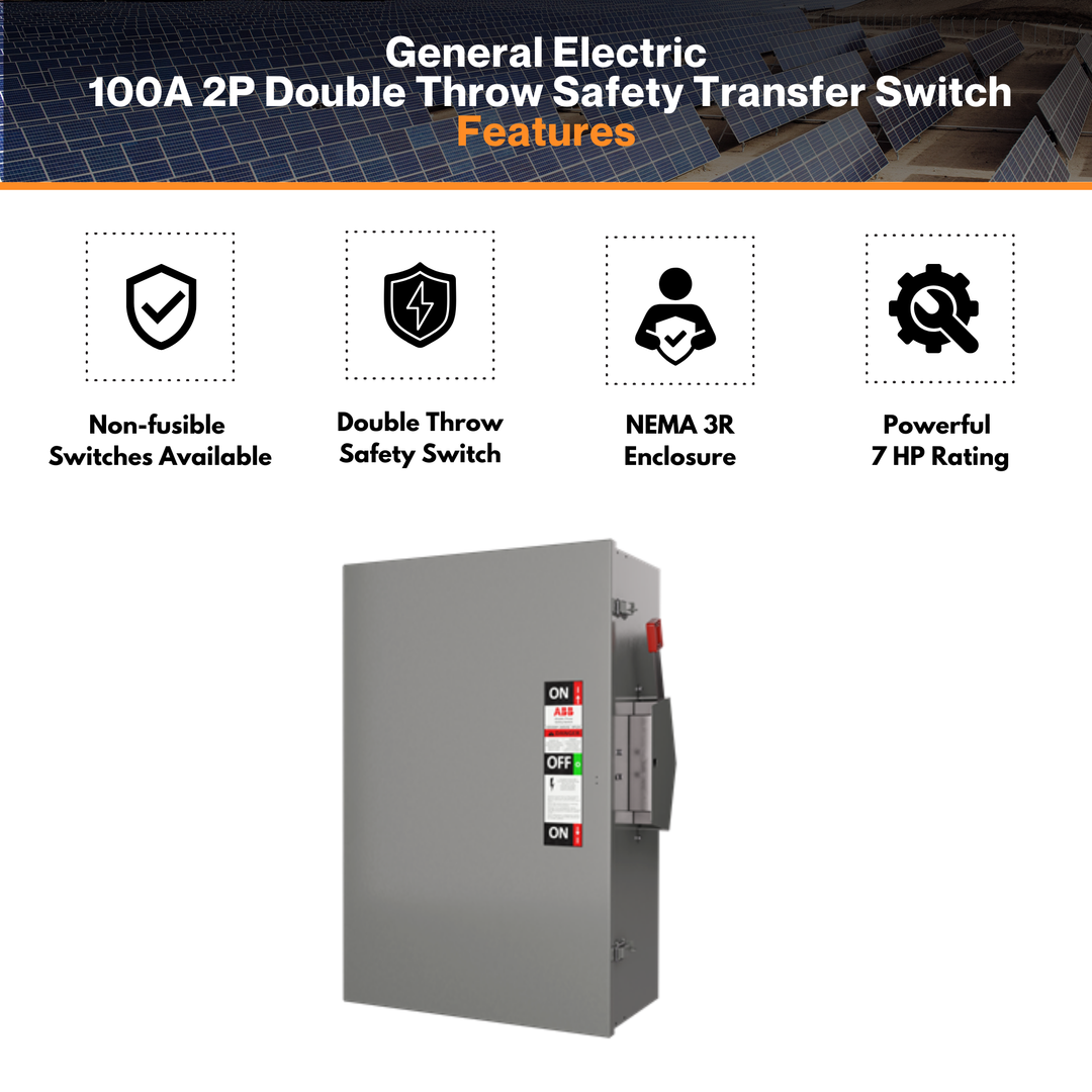 General Electric 100A 2P Double Throw Safety Transfer Switch - TC10323R | 120/240 Volt | Non-Fusible Design | NEMA 3R Enclosure | cUL & UL Approved