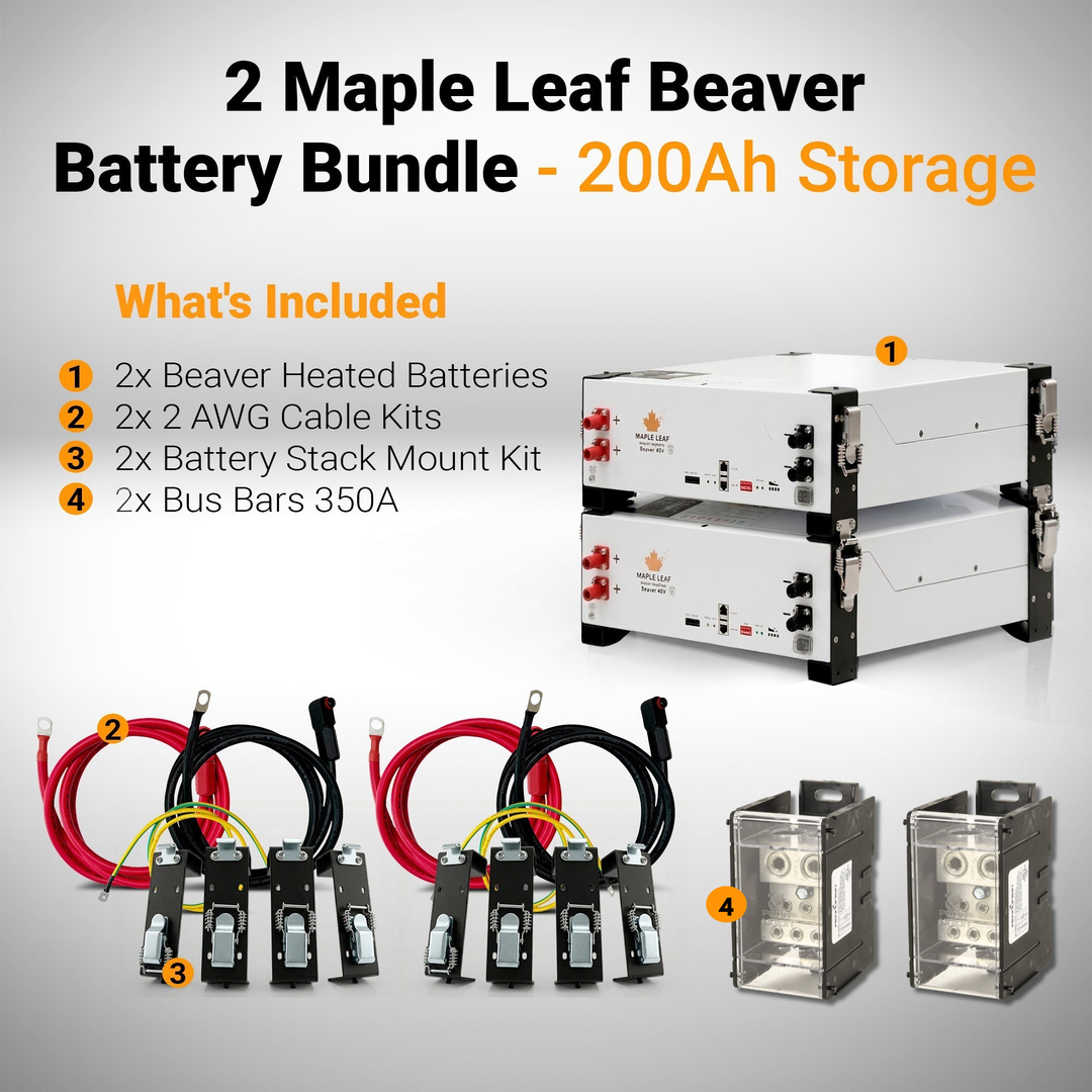 Maple Leaf Beaver Heated Battery Bundles | 2, 4, or 6 Battery Packages | 48V 100Ah LiFePO4 Solar Batteries w/ Cables, Stack Mount Hardware & 350A Bus Bars