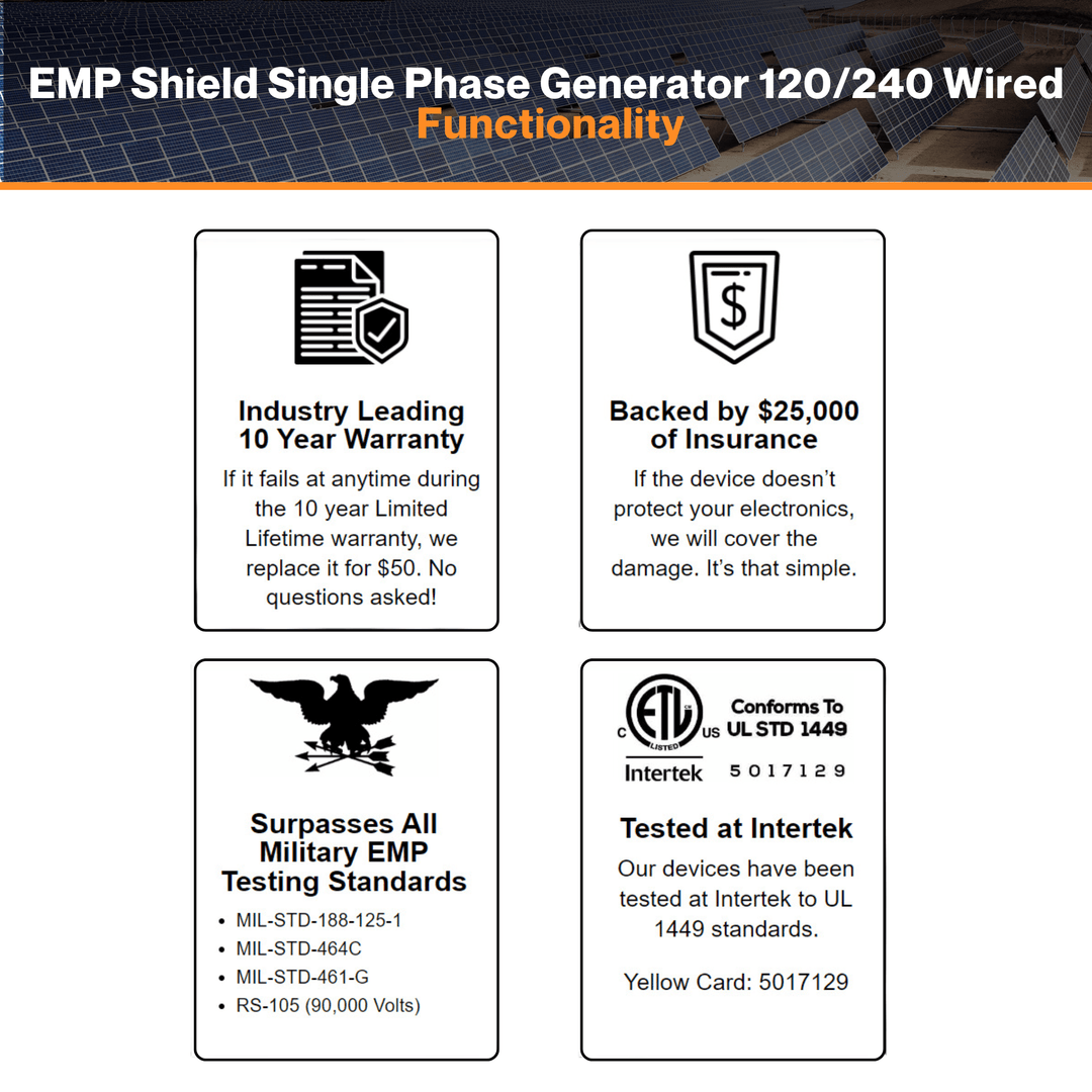 EMP Shield Single Phase Generator 120/240 Wired - Lightning & Military Grade Protection Plus CME Defense | Power Surge & Smart Meter Fire Protection