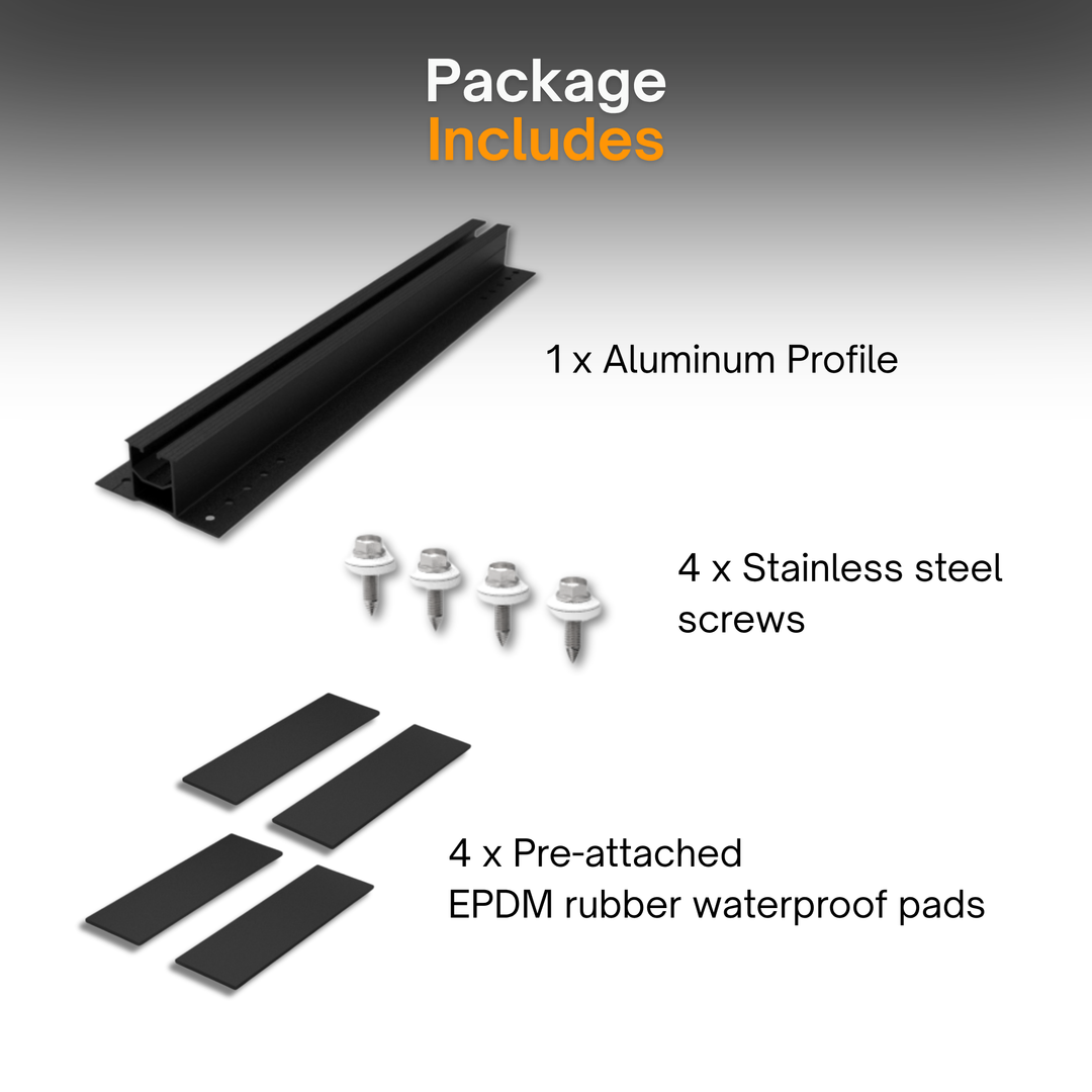 Maple Leaf Black Fast Install Mini-Rail Set | 400mm Mini-Rail 4 Screws and 4 Pads | Metal Roof Mount for Solar Panels