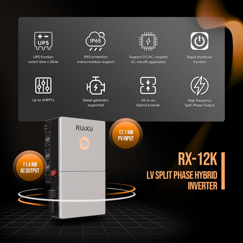 RUiXU RX-12K 12kW Split Phase Hybrid Inverter | UL1741 Certified | 120/240V & 120/208V | Whole Home Backup | Off-Grid & Grid-Tie Compatible | 4 MPPT | IP65 | Generator Ready