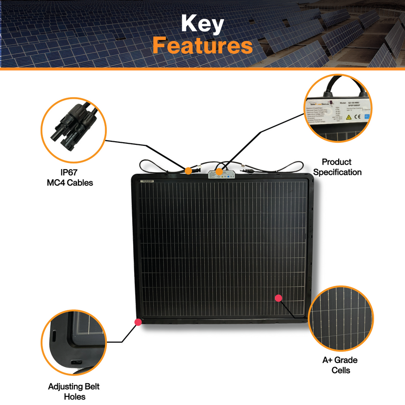 Maple Leaf 100W Balcony Semi-flexible Solar Panel - Bendable Lightweight With Bifacial Monocrystalline Solar Cells | With 10 Adjusting Belts