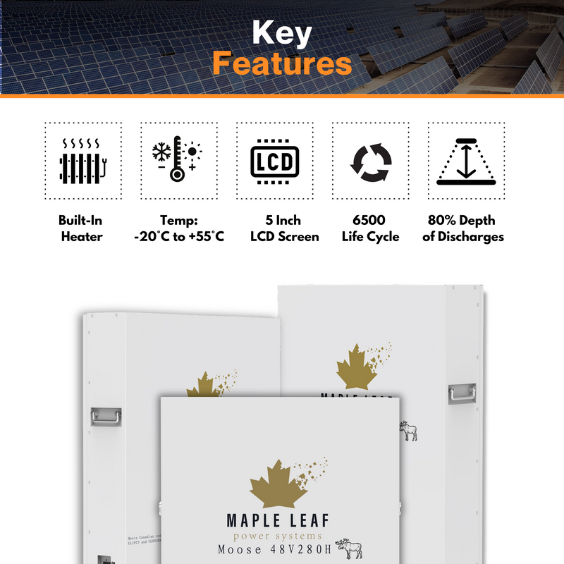 Maple Leaf 14.34KW 48V 280A MOOSE Wall-mounted Lithium Batteries (LiFePO4) – LCD Touchscreen | W/ Heater & Cables | UL1973-UL9540A, UL9540 Certified