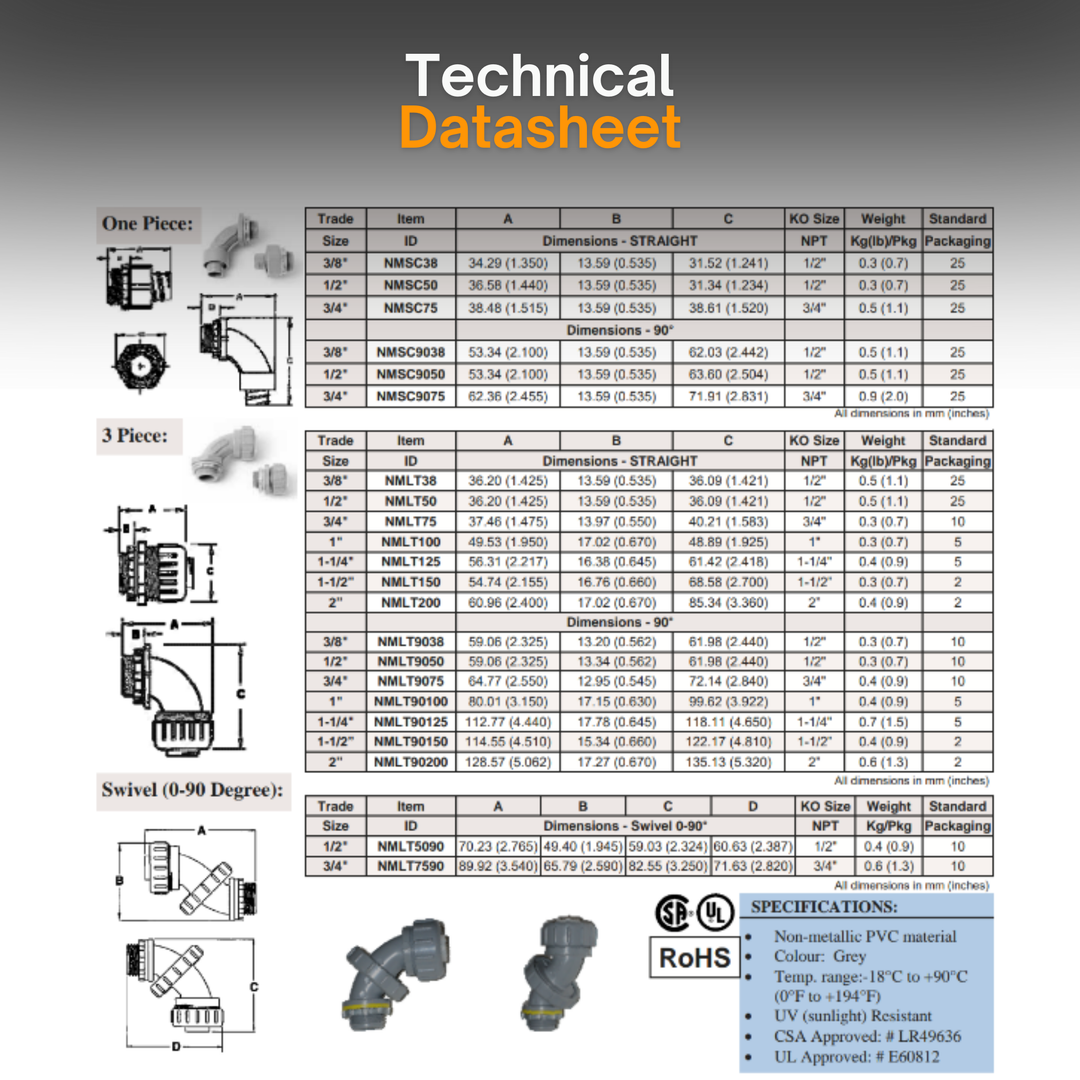 Anamet Liquid Tight Fittings Non-Metallic Connector - 3-Piece -  2", 1 1/2", 1", 3/4"  - Straight or 90-Degree Swivel - For Electrical Conduit - NMLT Series