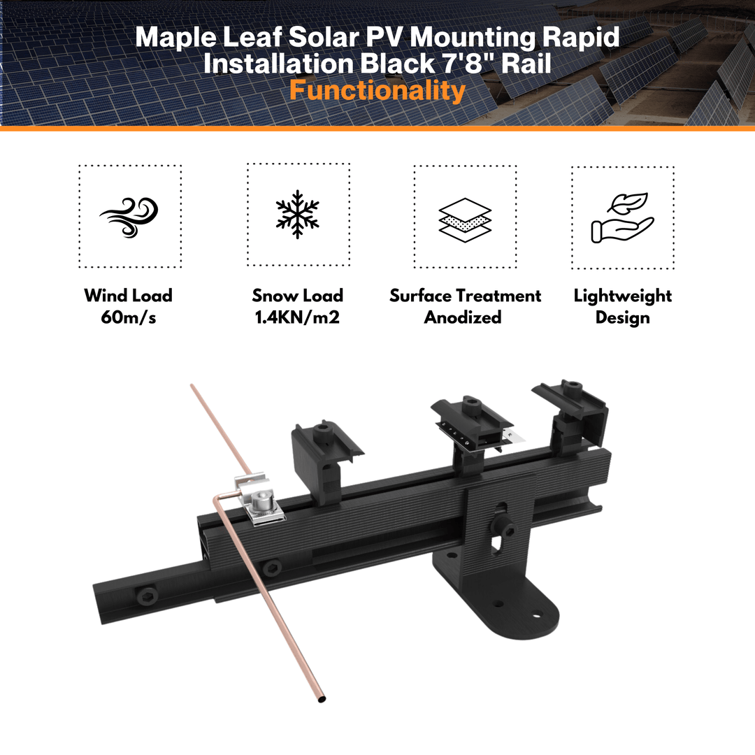 Maple Leaf Solar PV Mounting Rapid Installation Black 7'8" Rail - Lightweight & Durable | Aluminum 6005-T5 Material | AS, NZS 1170 Certified