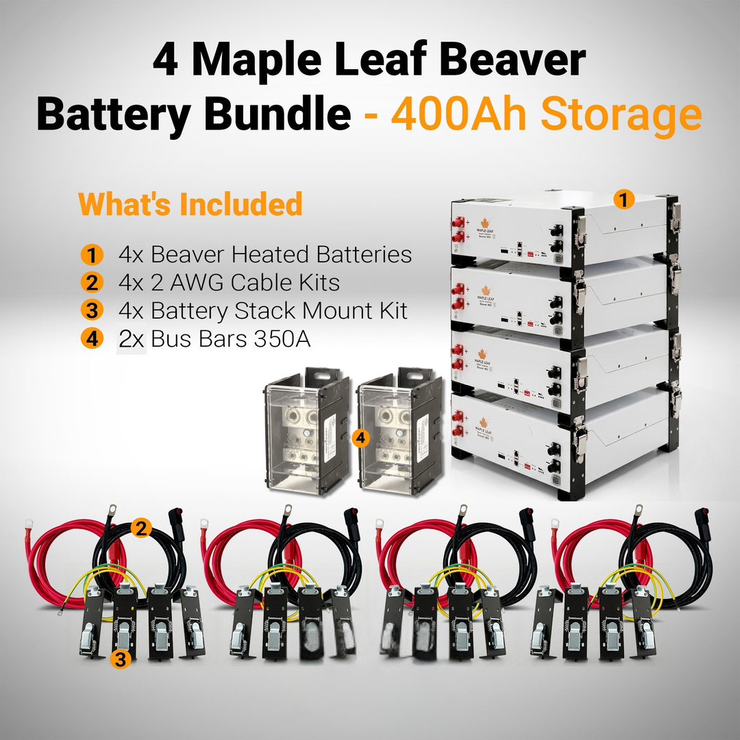 Maple Leaf Beaver Heated Battery Bundles | 2, 4, or 6 Battery Packages | 48V 100Ah LiFePO4 Solar Batteries w/ Cables, Stack Mount Hardware & 350A Bus Bars