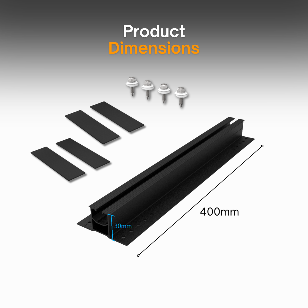 Maple Leaf Black Fast Install Mini-Rail Set | 400mm Mini-Rail 4 Screws and 4 Pads | Metal Roof Mount for Solar Panels