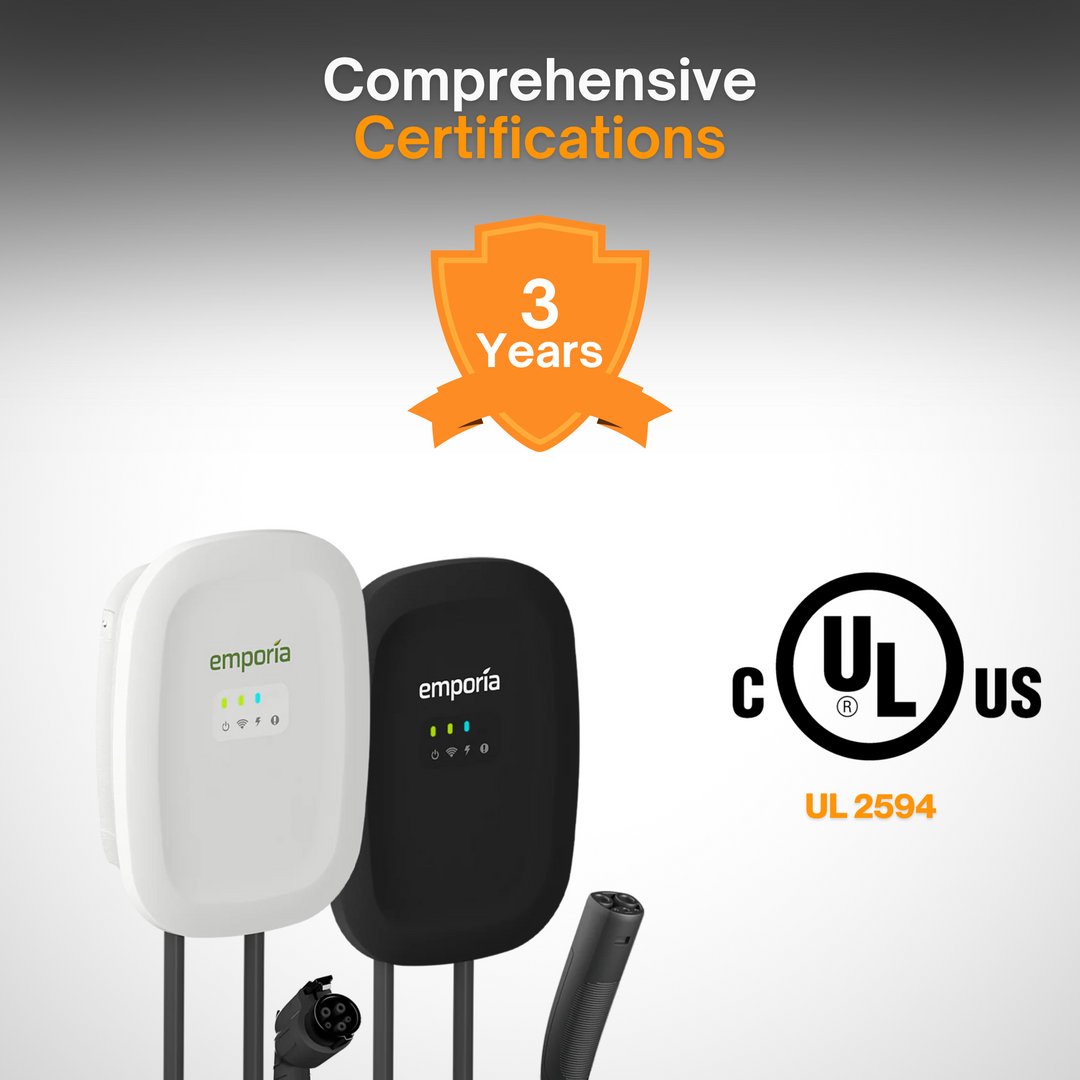 Emporia Level 2 EV Charger | Dual CCS & NACS Connectors | Hardwired or NEMA 14-50 | Black or White | Smart Load Management for Home EV Charging