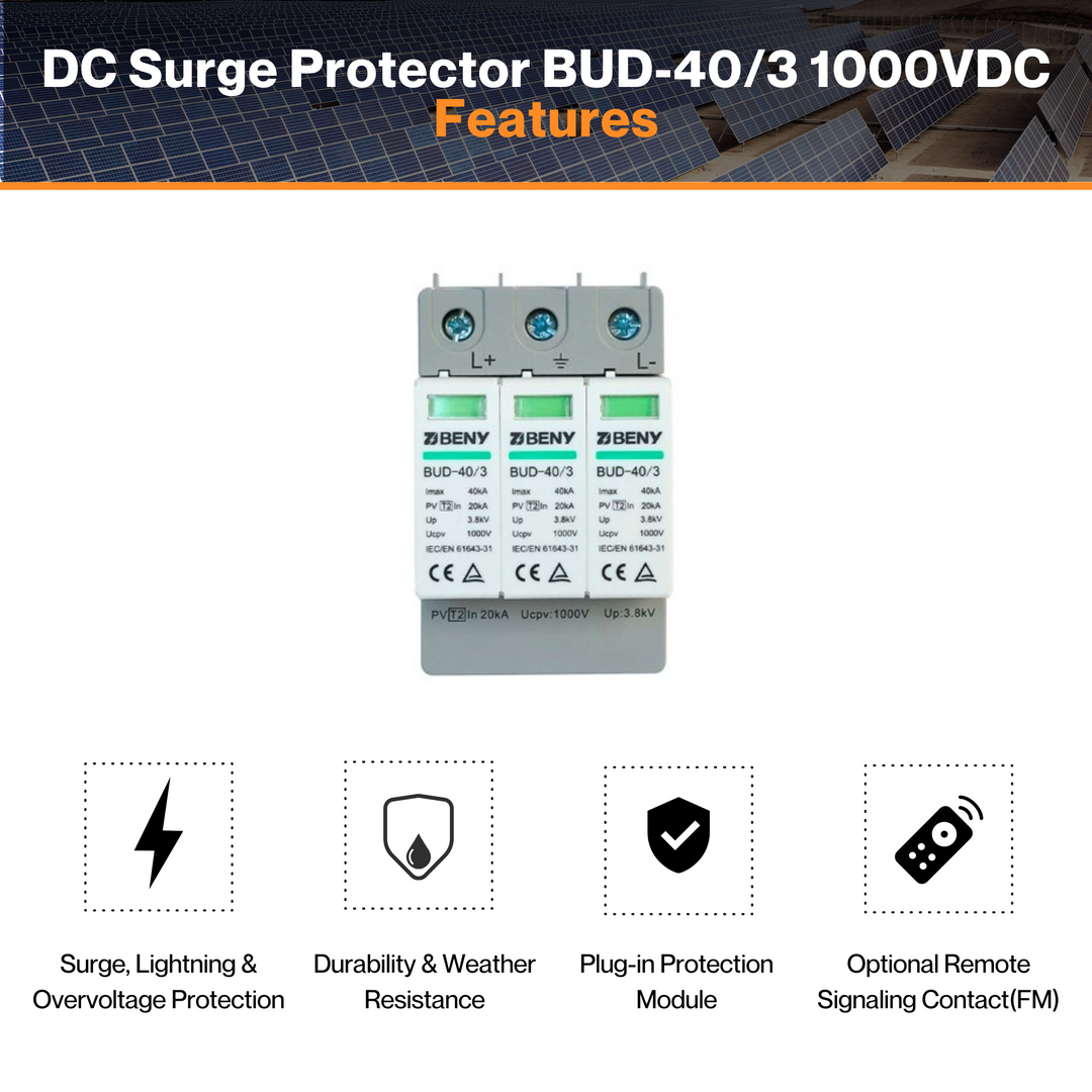 DC Surge Protector BUD-40/3 1000VDC - Surge, Lightning & Over Voltage Protection | Suitable for all PV | IP20 Ratings | 40°C ~ +85°C | UL, CE & TUV Certified