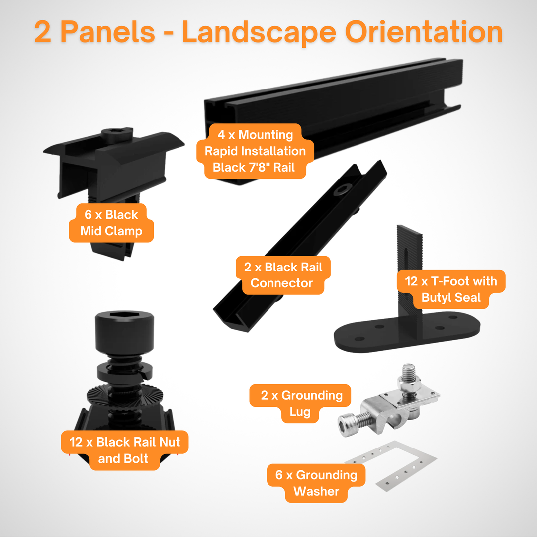 Maple Leaf Roof Mount Kits for Solar Panels | 7’8” Black Rails, Mid Clamps, Rail Connectors, T-Foots & Grounding Kit | Lightweight Aluminum 6005-T5 | Certified Solar Racking Hardware