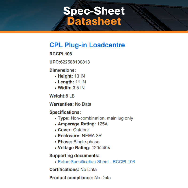 Eaton RCCPL108 Single Phase Main Lug Load Center (8/16 CCT) - Non-Combination 125 A, 1 PH, 120/240 VAC | CPL Plug-in | NEMA 3R Rated Enclosure | UL & CSA Listed