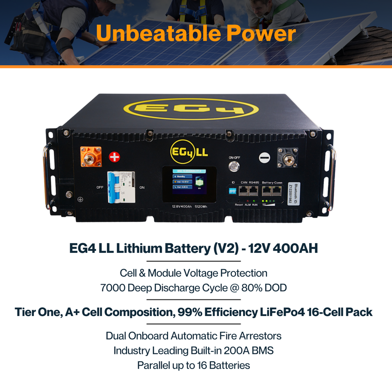 EG4 LL Lithium Server Rack Battery (V2) - 12V 400AH | LiFePo4 16-Cell | 200A BMS | W/ Fire Arrestors | 16 Batteries Parallel | 80% DOD | IP20 Ratings