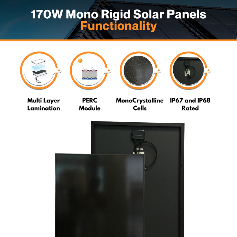 Maple Leaf 170W Mono Rigid Solar Panel - All Black | W/ IP65 Junction Box | IP67 MC4 Cable | Lightweight With Monocrystalline Cells