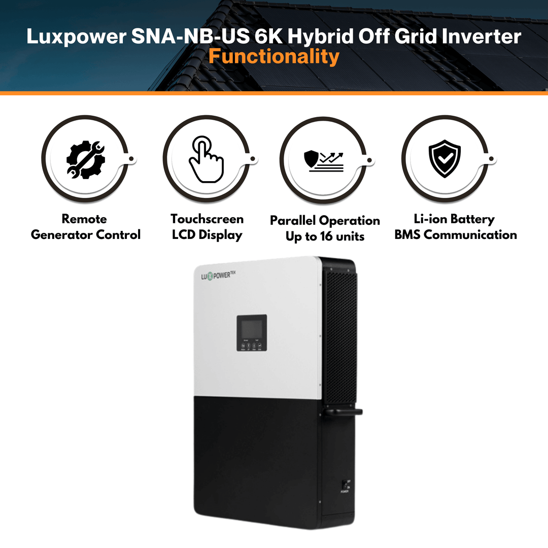 Luxpower SNA-NB-US 6K Hybrid Off Grid Inverter - No Breaker | 6000XP | 8000W PV Input | 6000W Output | 48V 120/240V Split Phase | W/ Generator Port, Touch Screen LCD, Remote Control Features | UL & CSA Approved