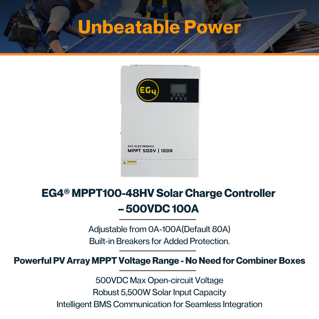 EG4® MPPT100-48HV Solar Charge Controller – 500VDC 100A | 94% Max. Charge | Wide MPPT | Built-in Breaker | User-Defined | BMS Comm. | IP21 Rating