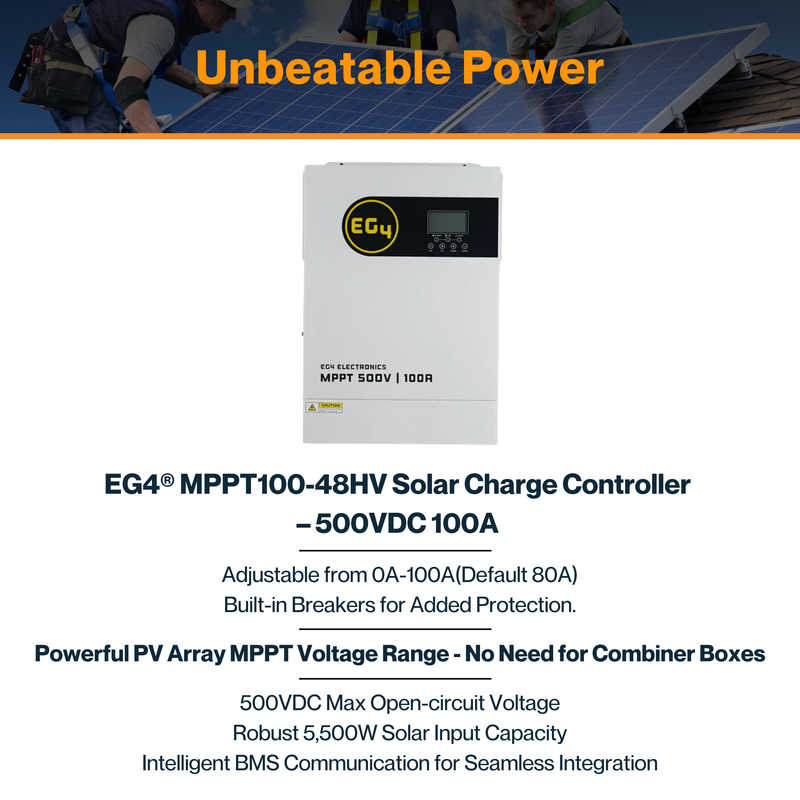 EG4® MPPT100-48HV Solar Charge Controller – 500VDC 100A | 94% Max. Charge | Wide MPPT | Built-in Breaker | User-Defined | BMS Comm. | IP21 Rating