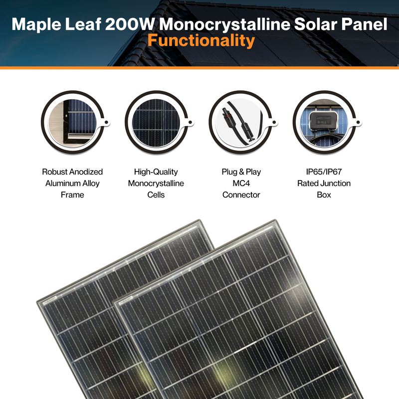 Maple Leaf 200W Monocrystalline Solar Panel - Clear Glass| Handle Up to 5400Pa Snow Load | Aluminum Frame | IP67 Rated Junction Box