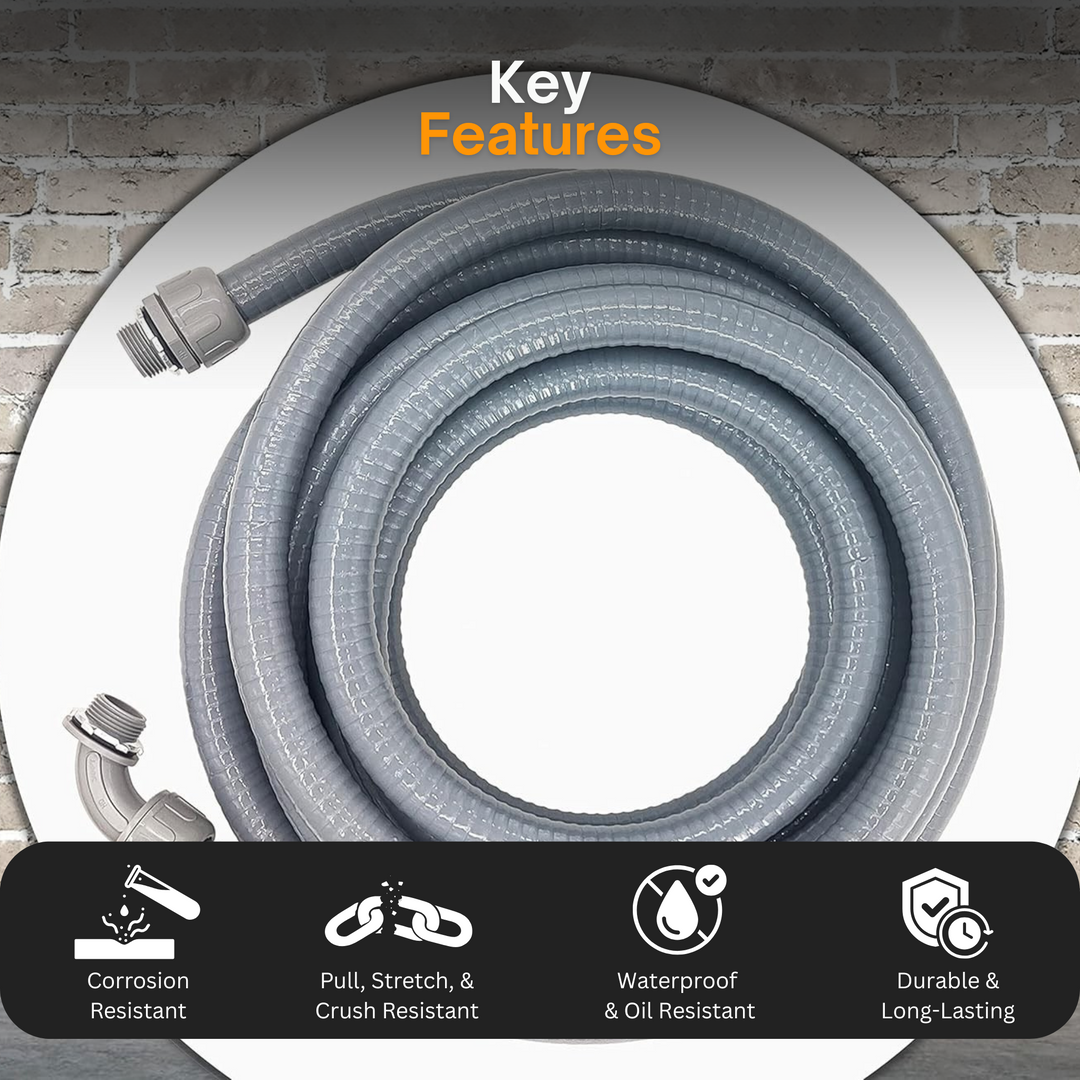 Non-Metallic Liquid-Tight Conduit Kit – 0.75" & 1" Flexible Electrical Conduit in 50ft Lengths | Includes 90 Degree Elbow Fittings and Straight Fittings