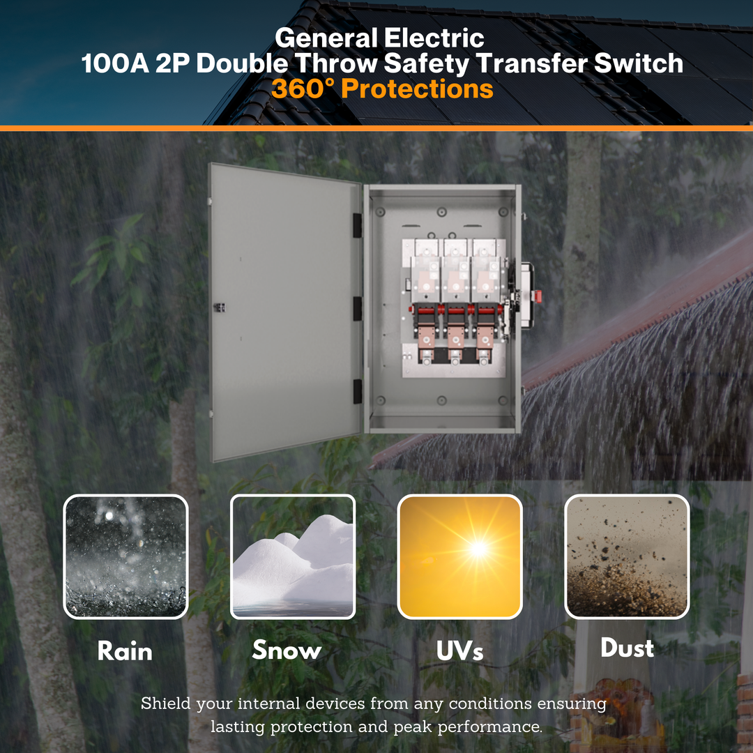 General Electric 200A 2P Double Throw Safety Transfer Switch - TC10324R | 120/240 Volt | Non-Fusible Design | NEMA 3R Enclosure | cUL & UL Approved