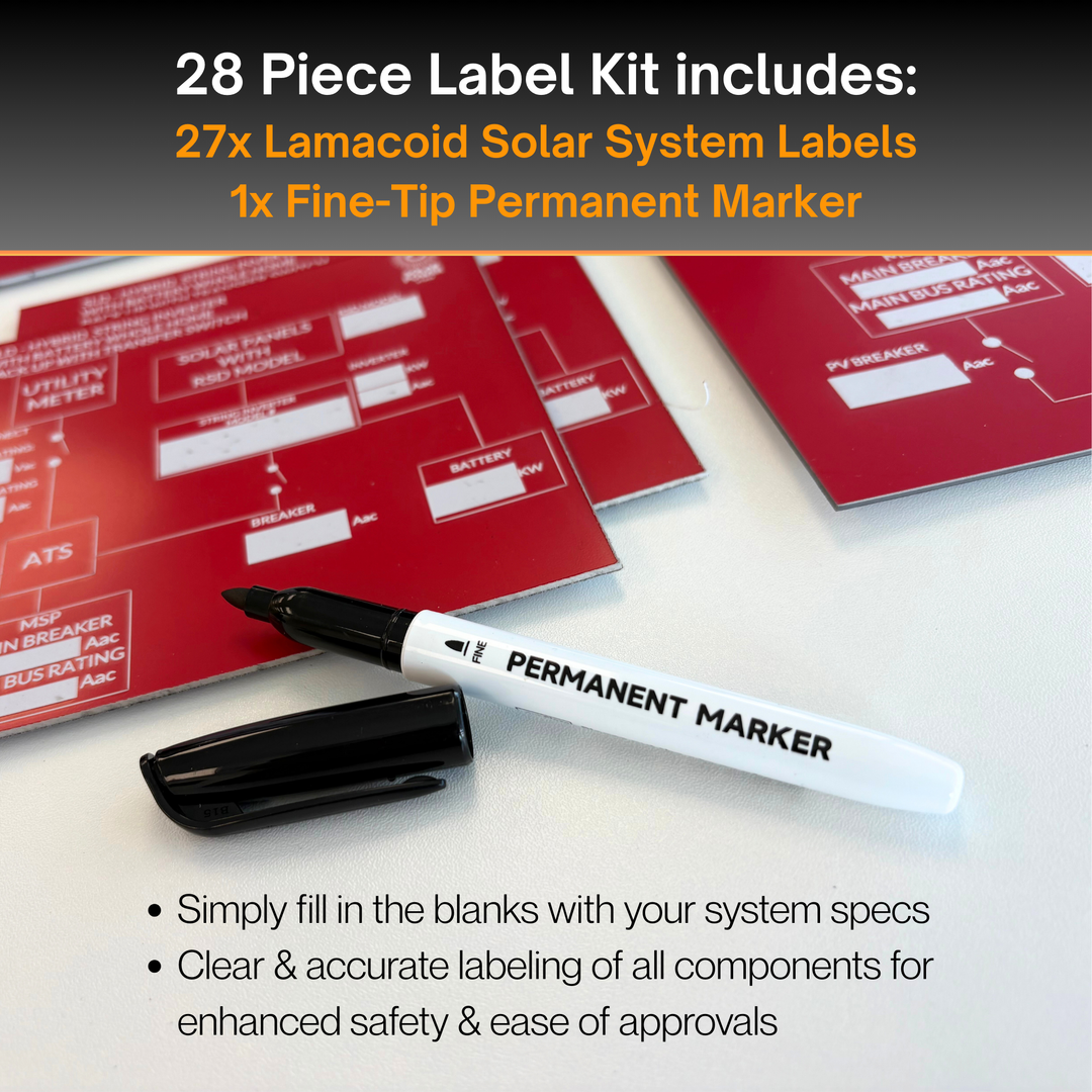 Solar System Lamacoid Label Kit | 28 Piece Label Kit | Solar Component Labels, Specification Labels, Safety Labels for All Solar System Types