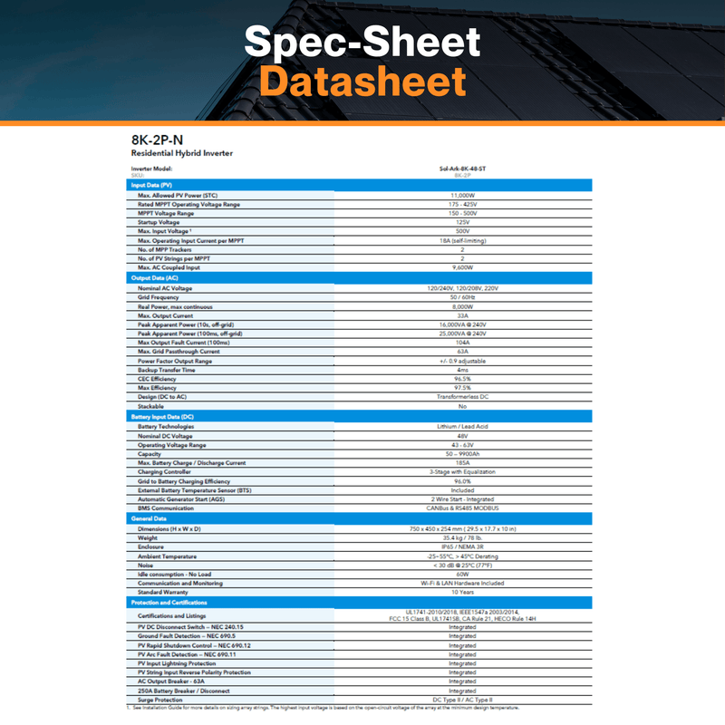 Sol-Ark 8K All-In-One  Hybrid Inverter - Battery Flexible | Remote Access Monitoring | IP65 / NEMA 3R Enclosure