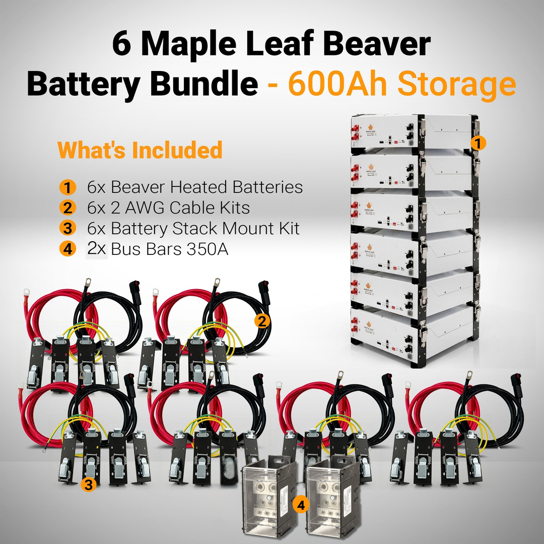 Maple Leaf Beaver Heated Battery Bundles | 2, 4, or 6 Battery Packages | 48V 100Ah LiFePO4 Solar Batteries w/ Cables, Stack Mount Hardware & 350A Bus Bars