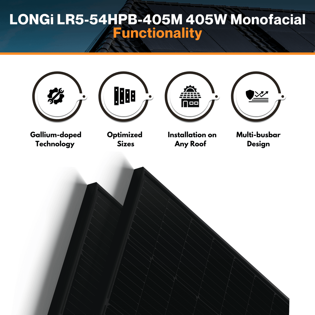 LONGi LR5-54HPB-405M - 405W Monofacial Solar Panels | 1200mm Cables | IP68 Waterproof Junction Box