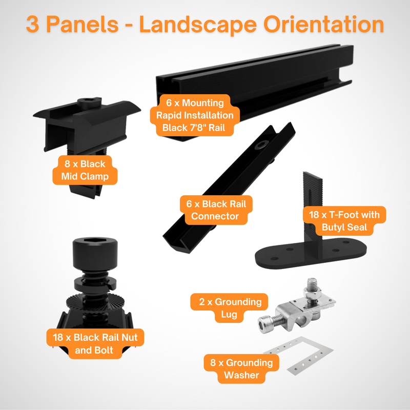 Maple Leaf Roof Mount Kits for Solar Panels | 7’8” Black Rails, Mid Clamps, Rail Connectors, T-Foots & Grounding Kit | Lightweight Aluminum 6005-T5 | Certified Solar Racking Hardware