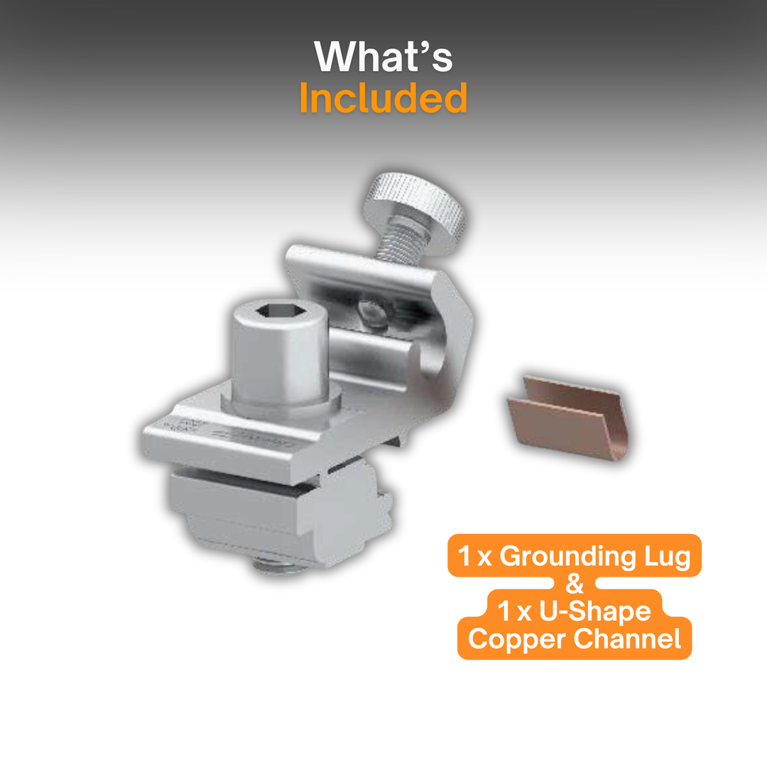 Grounding Lug with U-Shape Copper Channel | Solar Panel Grounding Connector | PV Mounting Ground Lug Kit for Solar Power, Off-Grid, Residential & Commercial Systems | ETL Listed