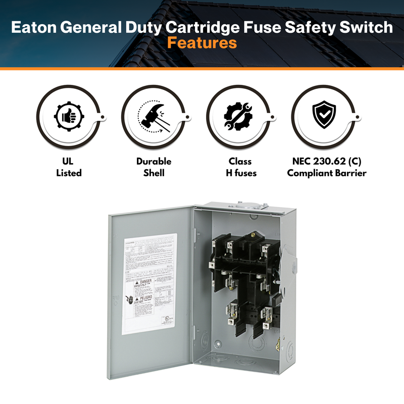 Eaton General Duty Cartridge Fuse Safety Switch - NEMA 3R Enclosure | Painted Galvanized Steel | Fusible With Neutral | Class H Fuse | UL Listed