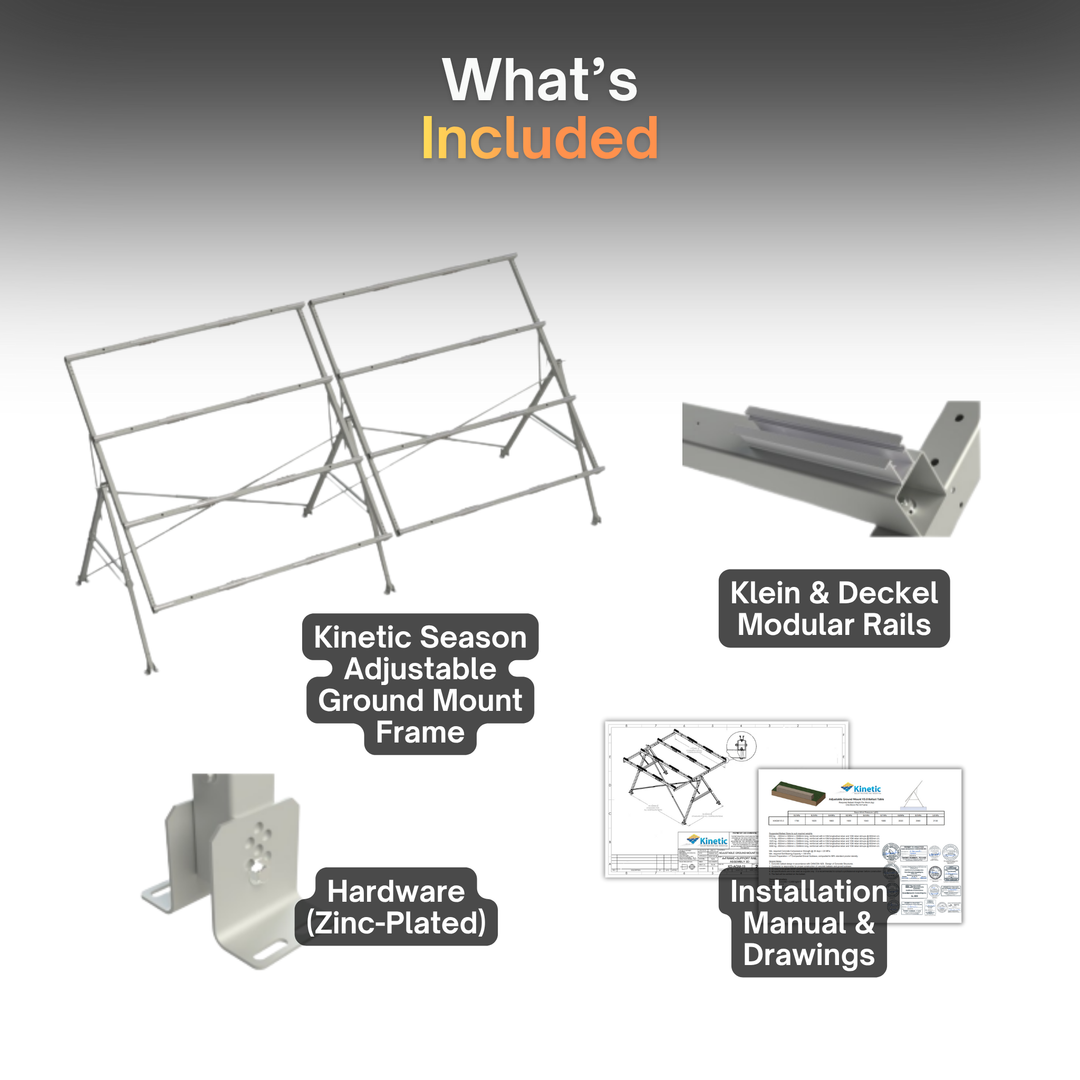 Kinetic Season Adjustable Solar Ground Mount Gen 3 | Heavy-Duty Galvanized Steel & Aluminum Solar Panel Racking System | 0°–60° Adjustable Tilt | CSA & UL Certified | All-Season Ground Mount Kit