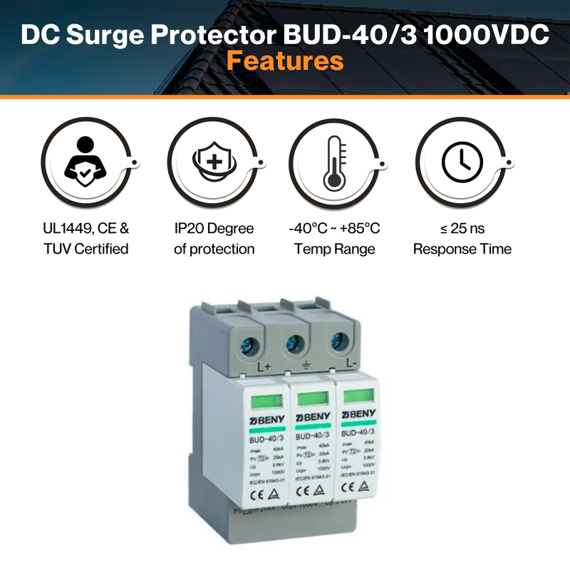 DC Surge Protector BUD-40/3 1000VDC - Surge, Lightning & Over Voltage Protection | Suitable for all PV | IP20 Ratings | 40°C ~ +85°C | UL, CE & TUV Certified