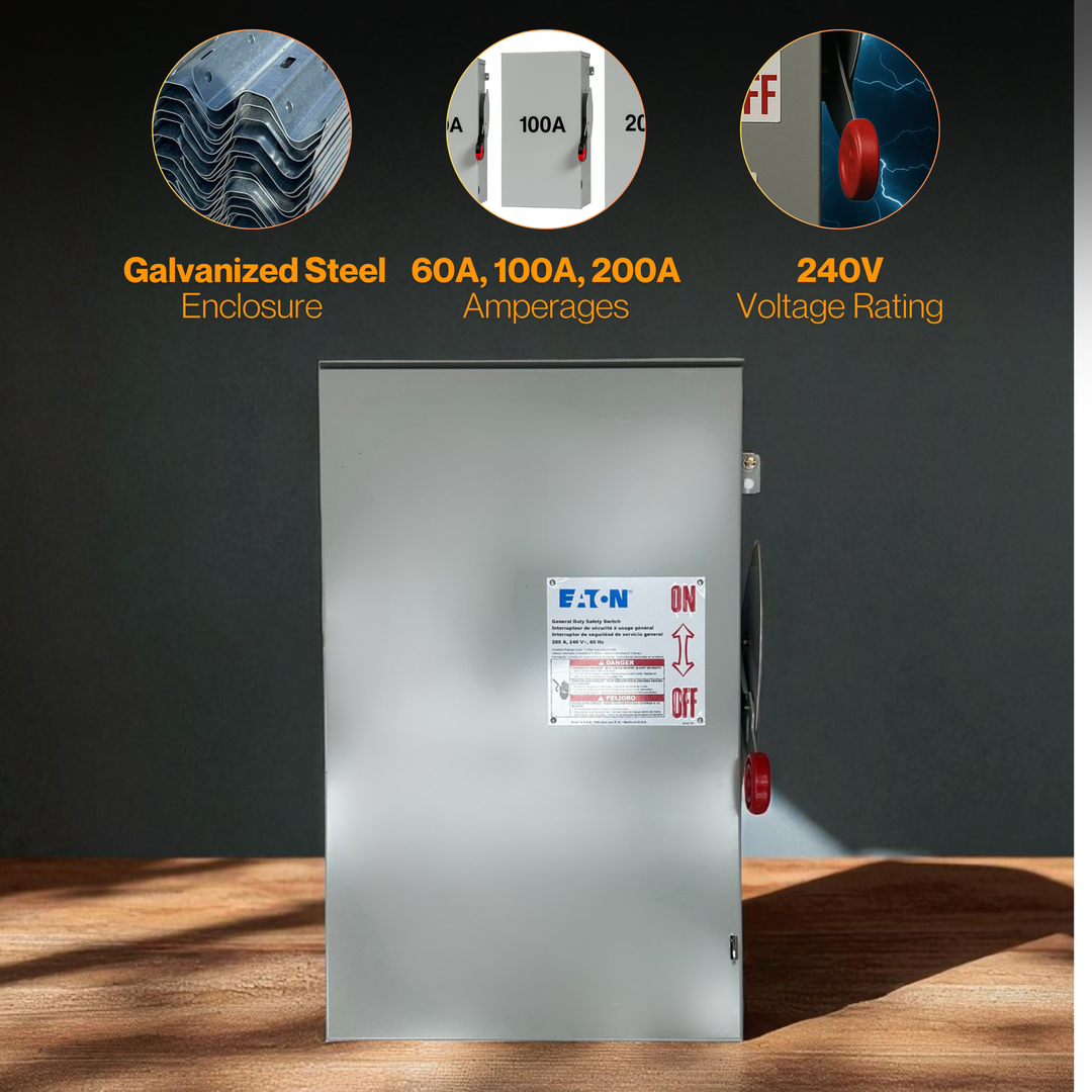 AC Disconnect Switch | 60A, 100A,200A | Eaton General Duty Cartridge Fuse Safety Switch - NEMA 3R Enclosure | Painted Galvanized Steel | Fusible With Neutral | Class H Fuse | UL Listed