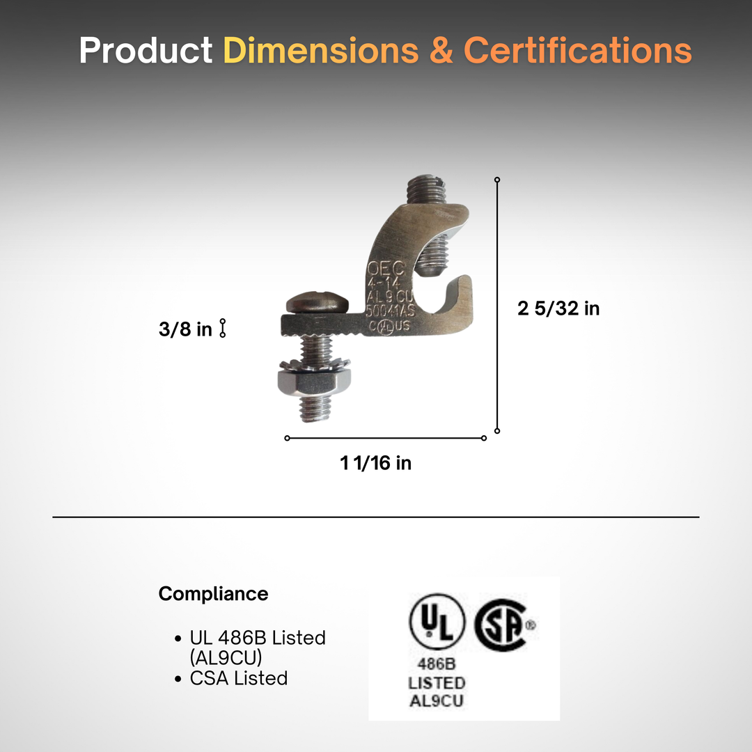 Lay-In Grounding Lug, Tin-Plated Aluminum, 14–4 AWG, UL 486B AL9CU, Single Hole Electrical Ground Lug for Copper & Aluminum Conductors