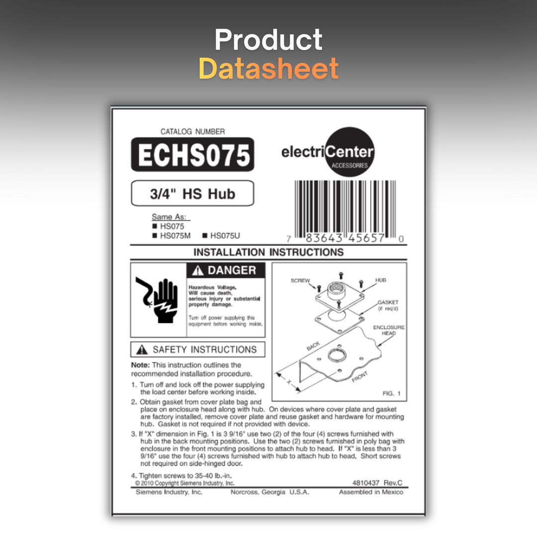 Siemens ECHS075 – 3/4-Inch HS Type Electrical Hub | Load Center Conduit Hub | Siemens Panel & Meter Socket Hub