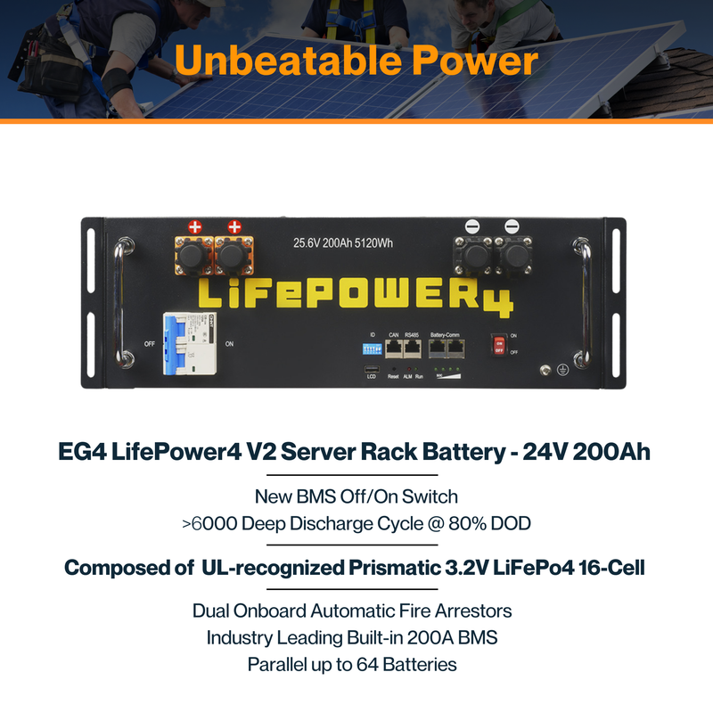 EG4 LifePower4 V2 Server Rack Battery - 24V 200Ah | LiFePo4 16-Cell | 200A BMS | W/ Fire Arrestors | 64 Batteries Parallel | 80% DOD | IP21 Ratings