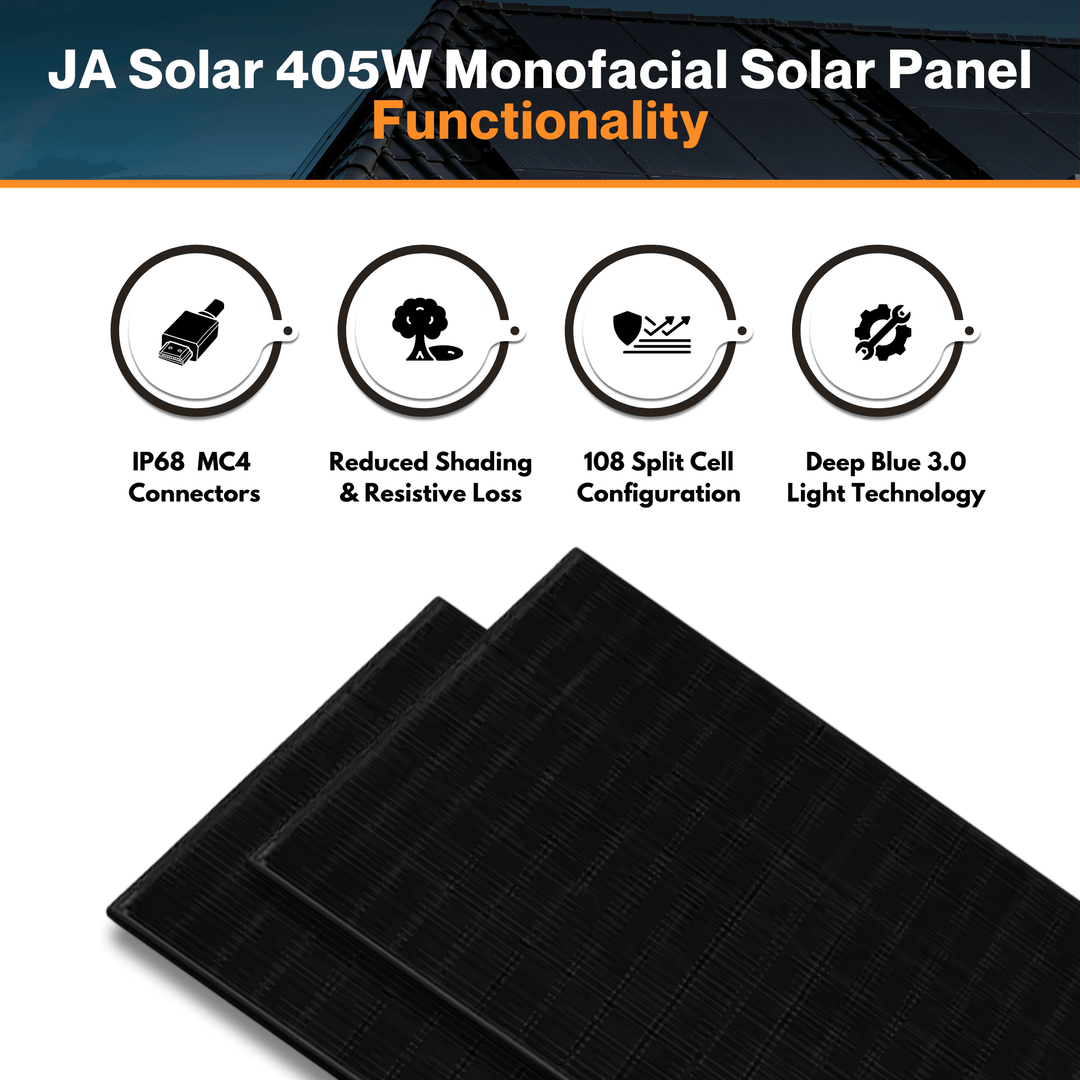 JA Solar 405W Monofacial Solar Panel - W/ 108 Split Cell | Deep Blue 3.0 Light | Half Cell Black Module | IP68 MC4 Connectors